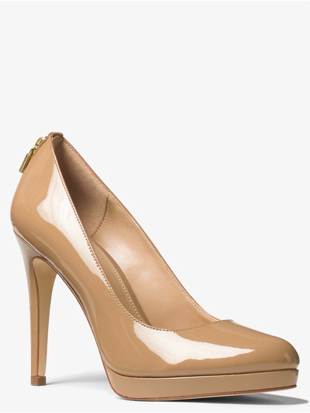 MICHAEL KORS ANTOINETTE GOLD PADLOCK MK LOGO ROUND TOE PUMPS WITH BOX